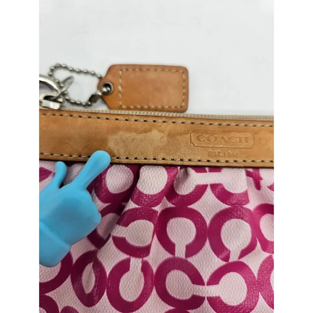 Coach Leah Opt Art Pink Coated Canvas Tan Leather Cosmetic Toiletry Make-up Bag‎